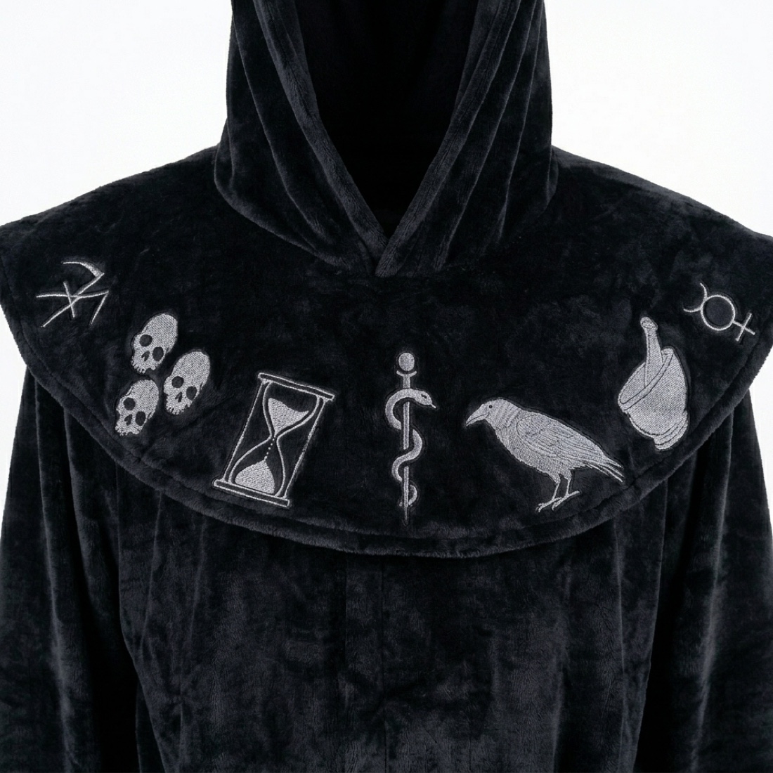 CozyRelic embroidered plague doctor symbols on the collar