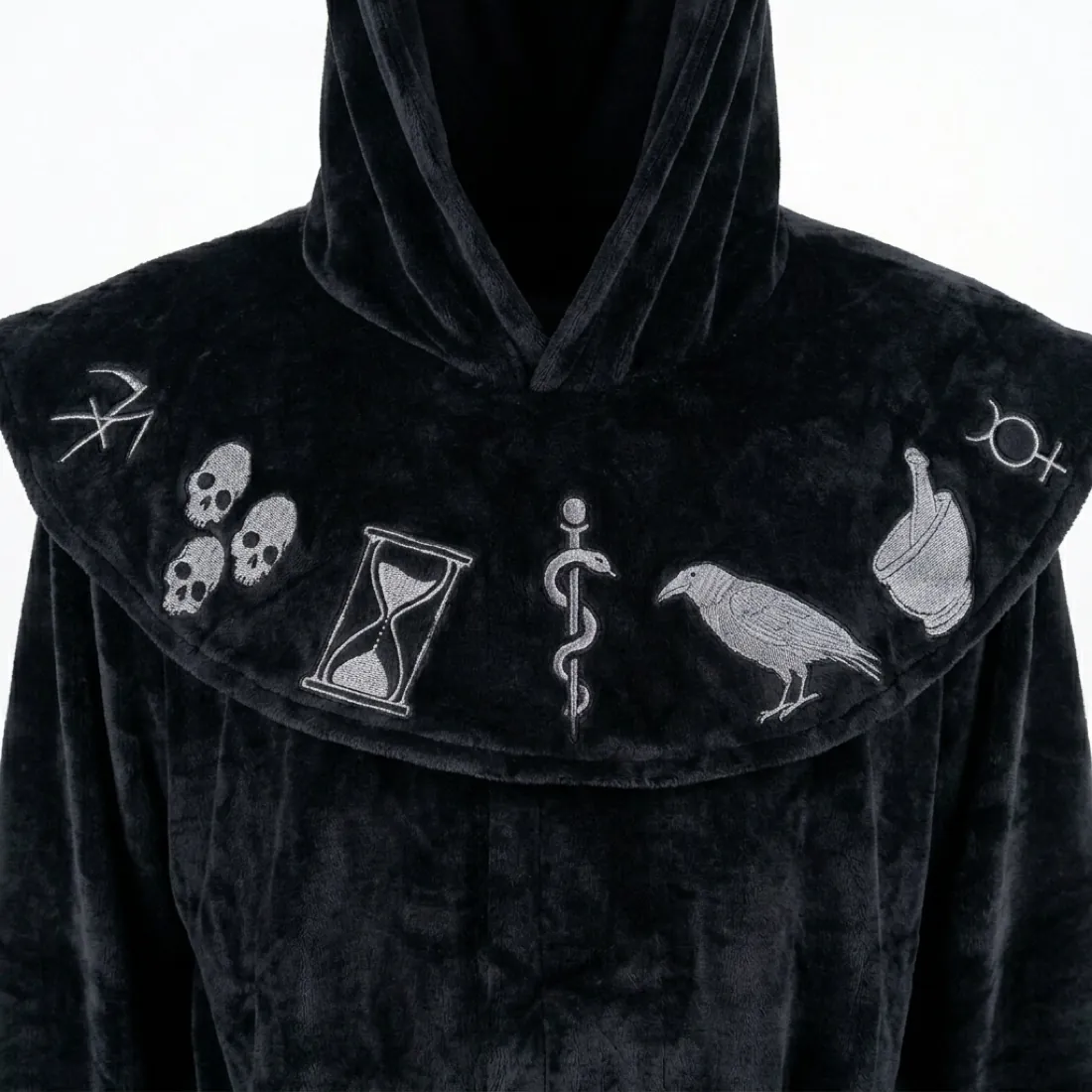 CozyRelic embroidered plague doctor symbols on the collar