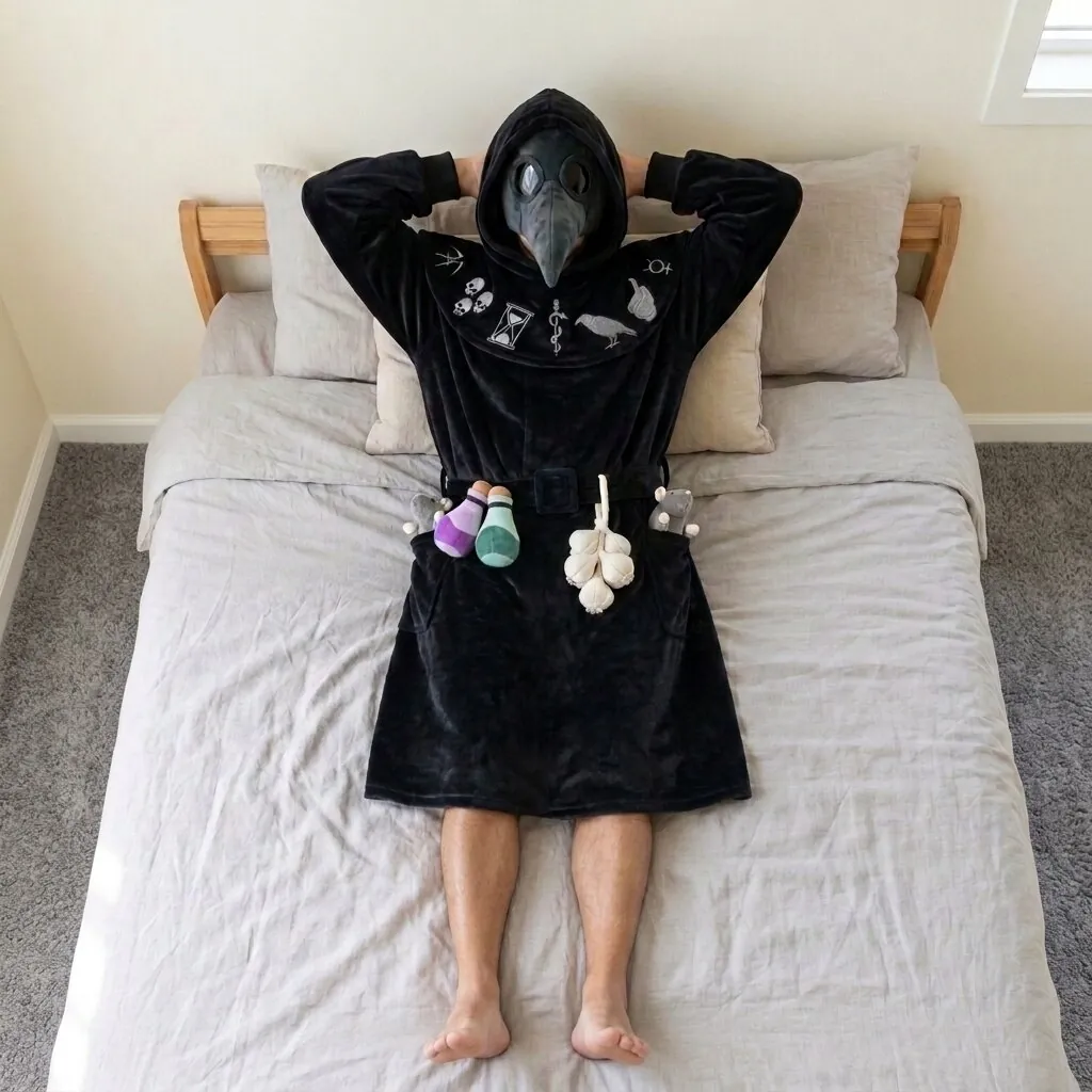 CozyRelic Plague Doctor robe worn lounging