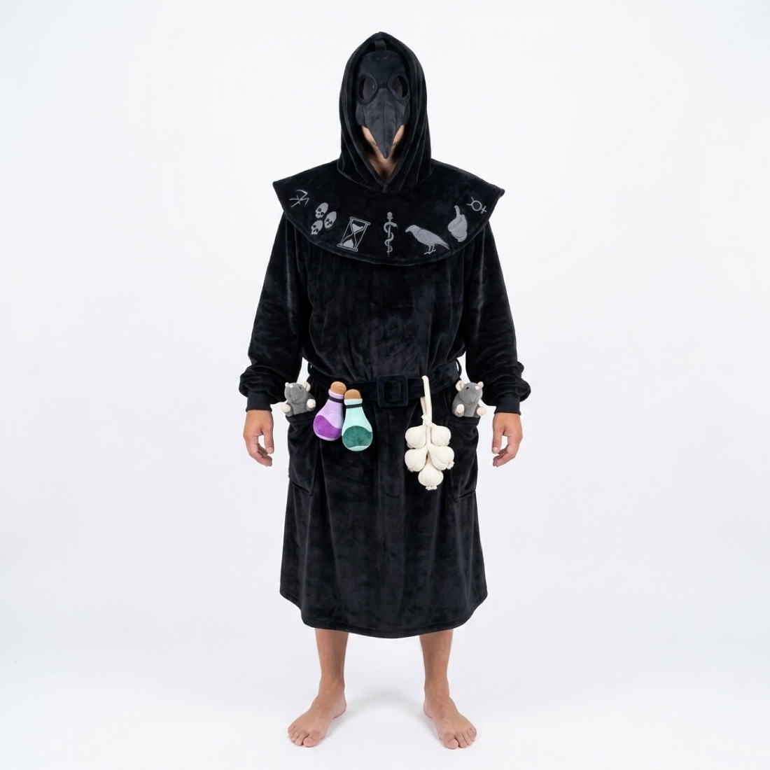 CozyRelic Plague Doctor Costume - full Long version worn with mask, potion belt, rats and garlic