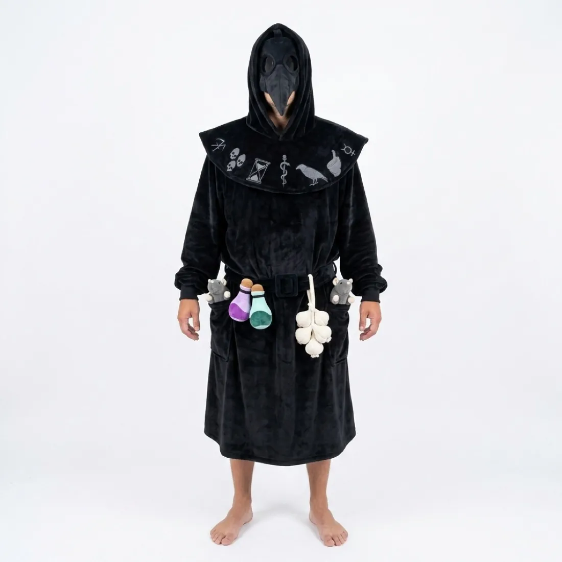 CozyRelic Plague Doctor Set - full Long version worn with beak mask, potion belt, rats and garlic charm