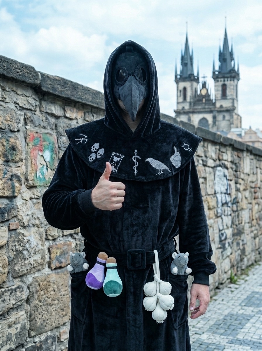 CozyRelic Plague Doctor Costume worn on the streets of Prague, with the Tyn Church in the background